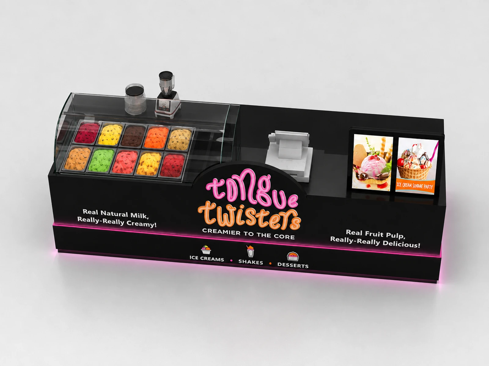 Attractive Food Kiosk Design Ice Cream Kiosk Ice Cream Display Counter in the mall for Sale — elevated layout view