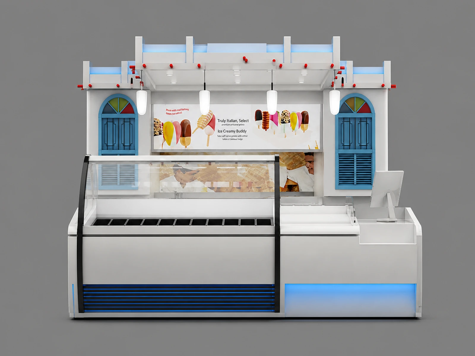 Attractive frozen yogurt kiosk ice cream bar for sales — additional service-side perspective