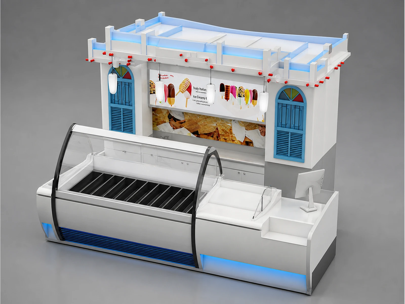 Attractive frozen yogurt kiosk ice cream bar for sales — elevated layout view