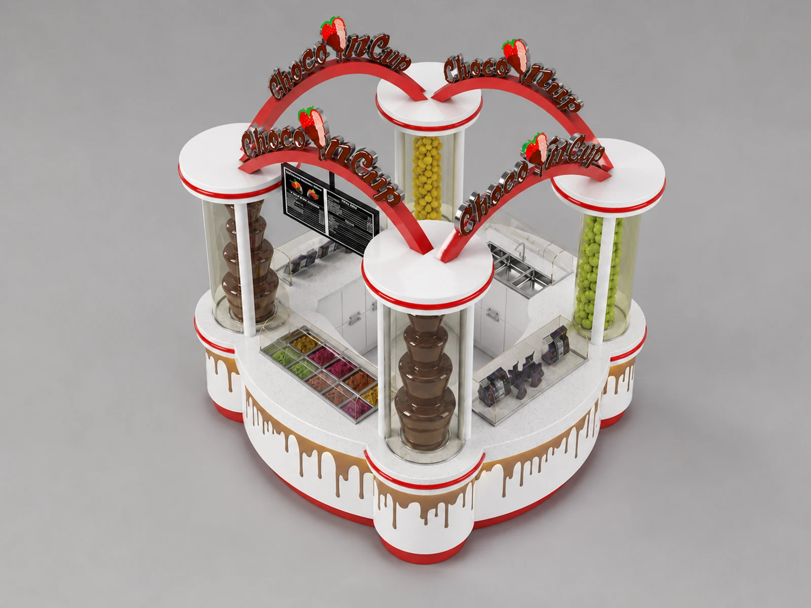 Attractive ice cream booth bubble tea kiosk used in mall — elevated layout view