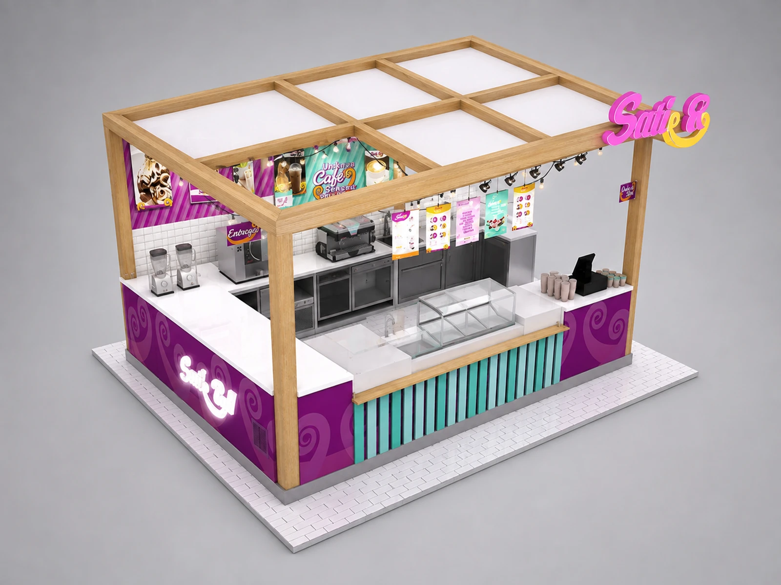 Attractive wooden roll ice cream booth ice cream kiosk design used in mall for sale — elevated layout view