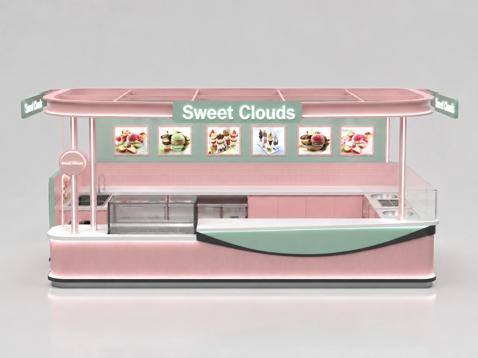 Big Ice Cream Kiosk Design Mall Inside Food Gelato Bar Ice Cream Ball Bar With Ceiling — additional service-side perspective