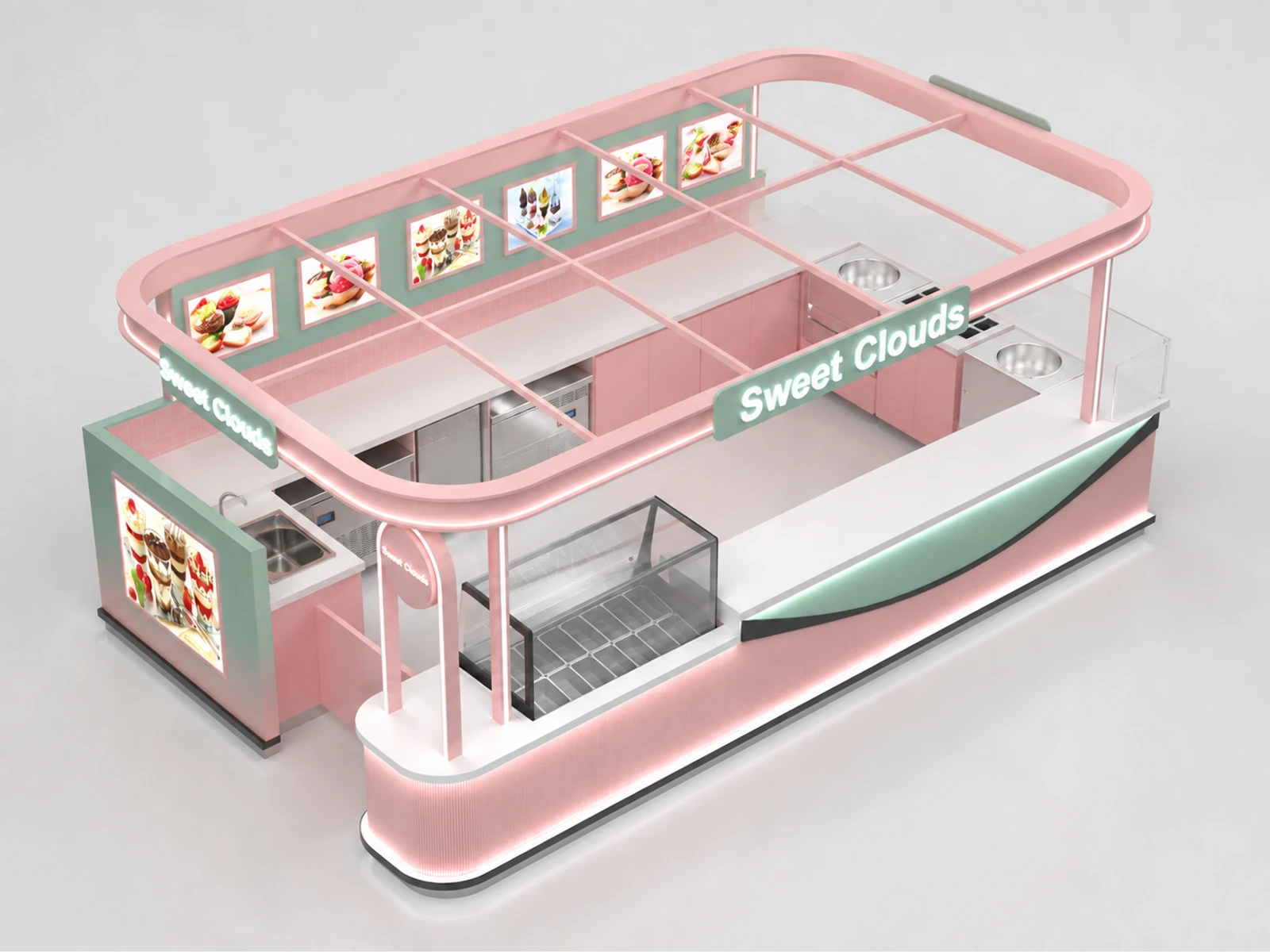 Big Ice Cream Kiosk Design Mall Inside Food Gelato Bar Ice Cream Ball Bar With Ceiling — elevated layout view
