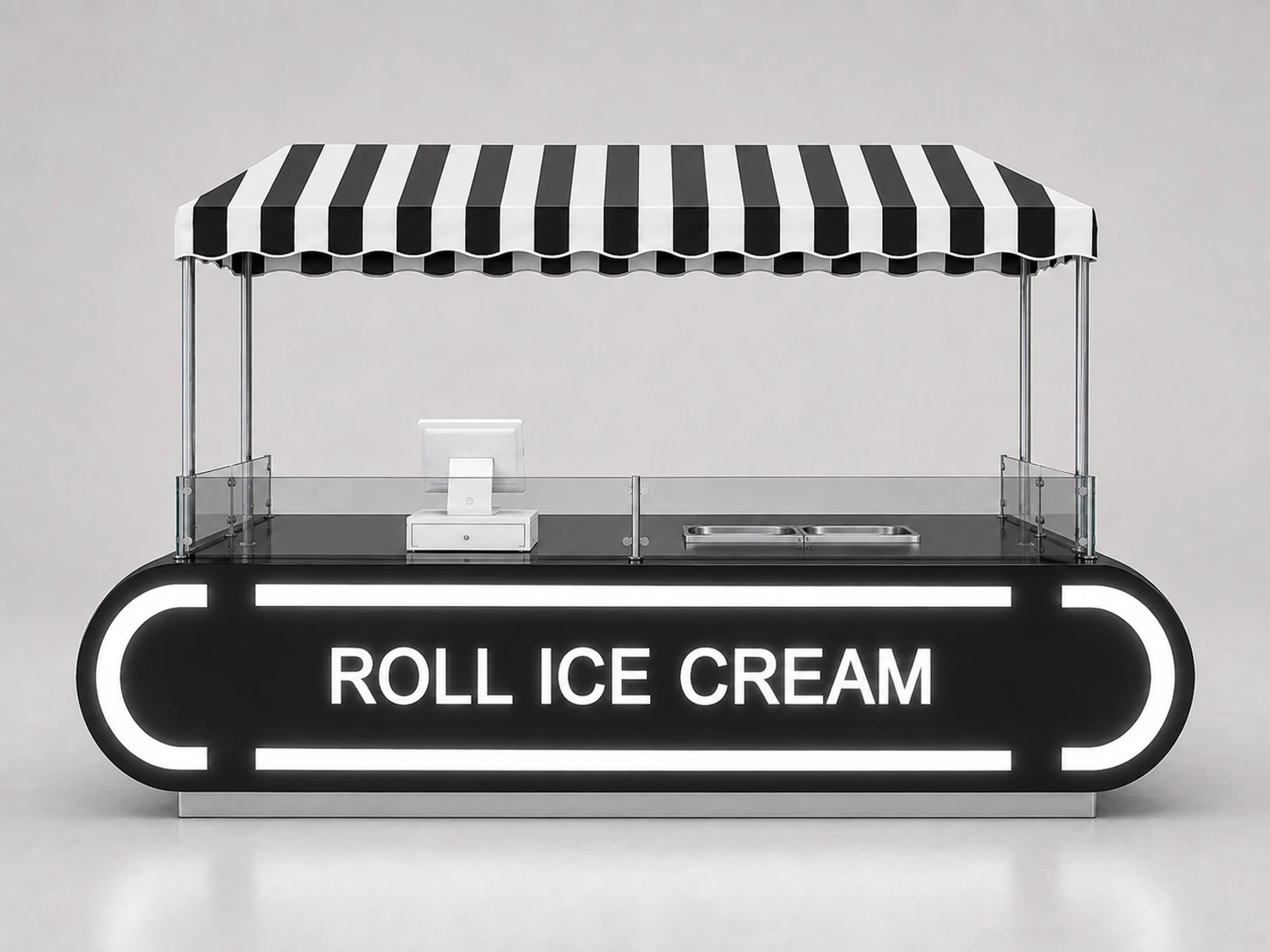 Black color ice cream kiosk | Food booth stand in mall center retail frozen ice cream cart for sale — additional service-side perspective