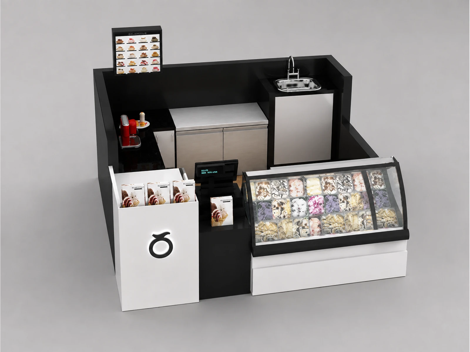 Black Ice Cream Kiosk Summer Ice Cream Bar Inside Mall Ice Cream Booth — alternate counter perspective