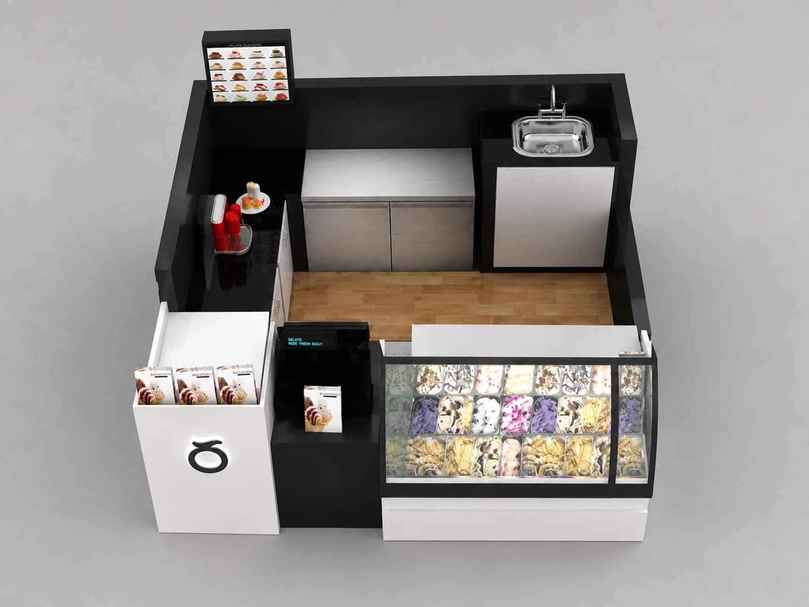 Black Ice Cream Kiosk Summer Ice Cream Bar Inside Mall Ice Cream Booth — elevated layout view