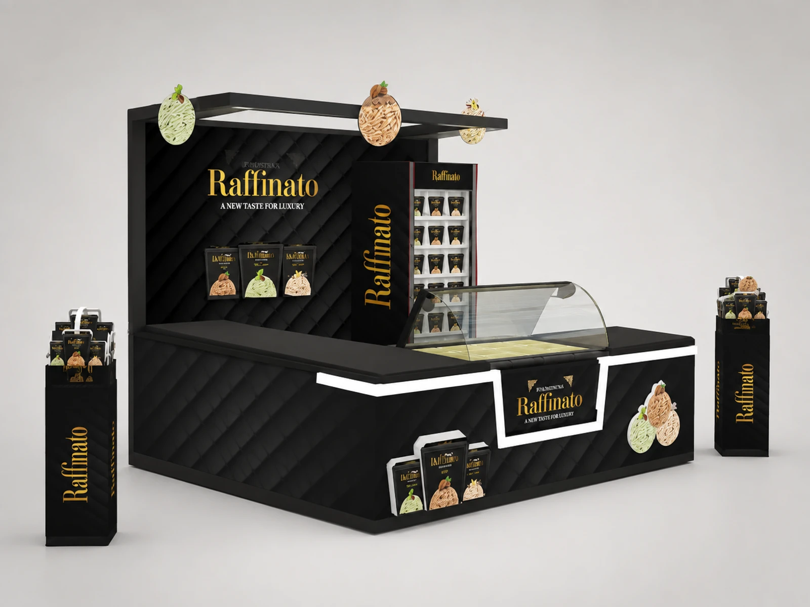 Black ice cream kiosk with 2 small display showcase shopping mall Frozen yogurt bar for sale — overall kiosk design