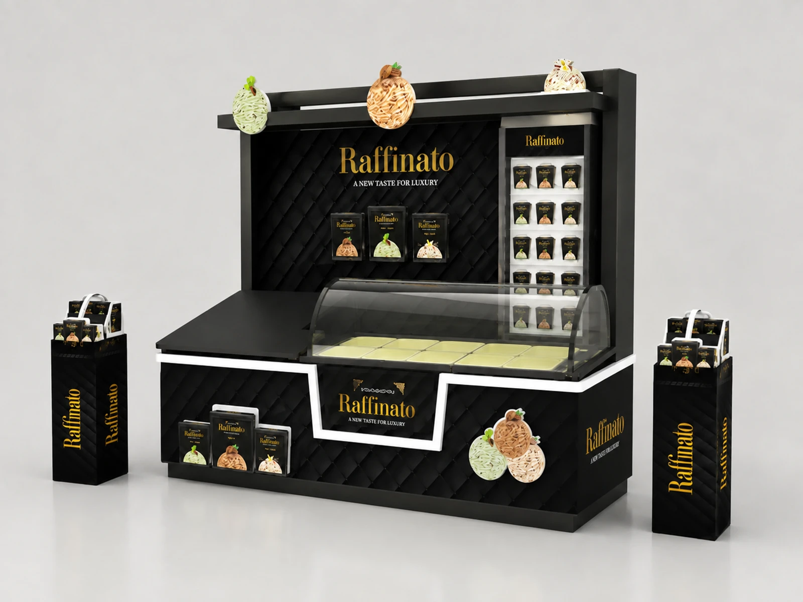 Black ice cream kiosk with 2 small display showcase shopping mall Frozen yogurt bar for sale — alternate counter perspective