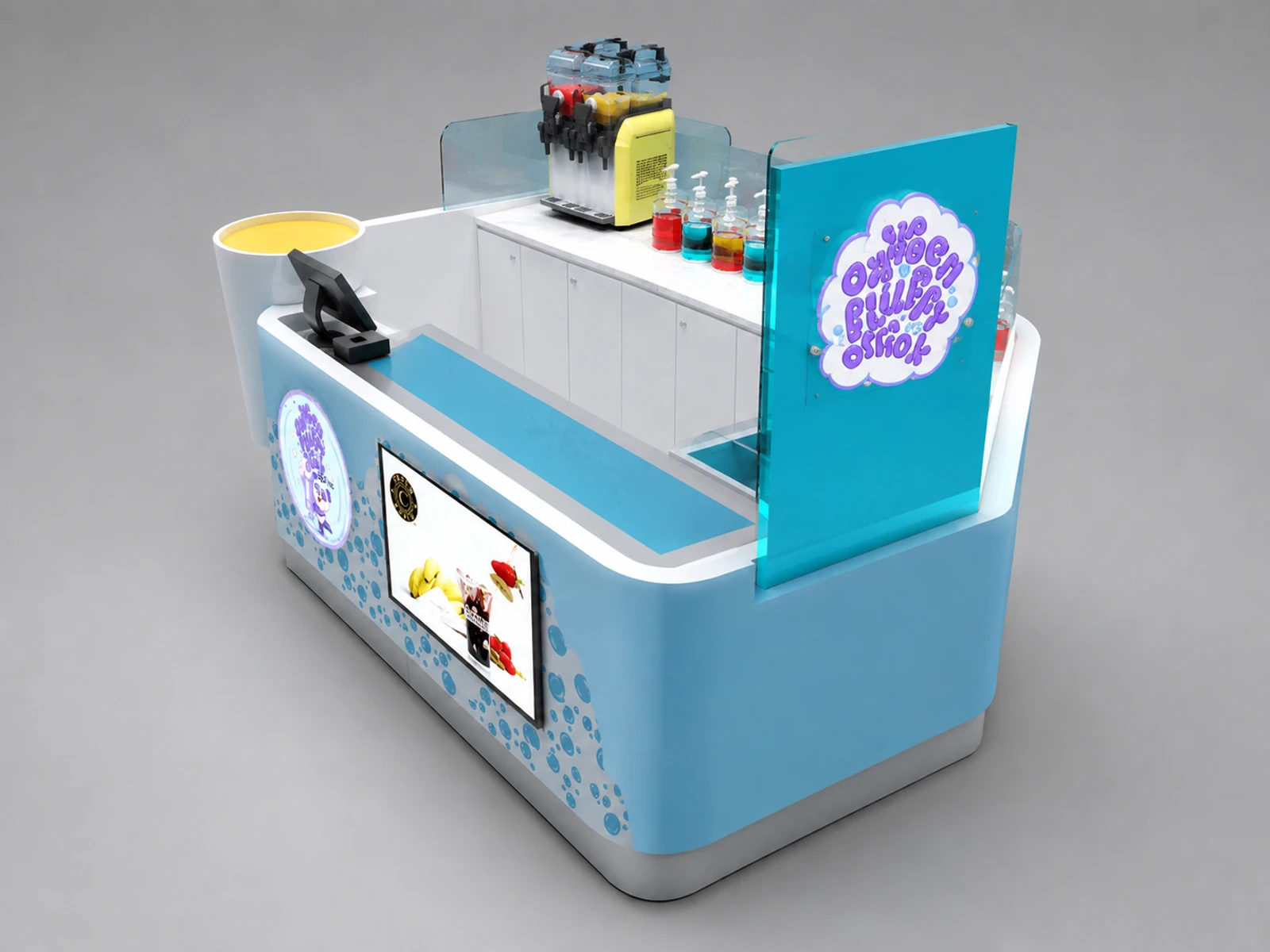 Blue bubble tea kiosk frozen yogurt ice cream booth lovely drink kiosk for sales — alternate counter perspective
