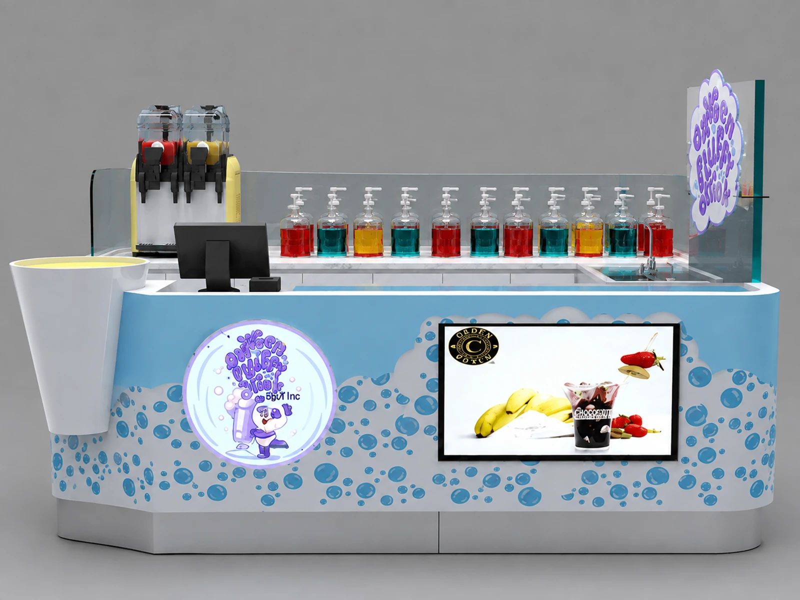 Blue bubble tea kiosk frozen yogurt ice cream booth lovely drink kiosk for sales — additional service-side perspective