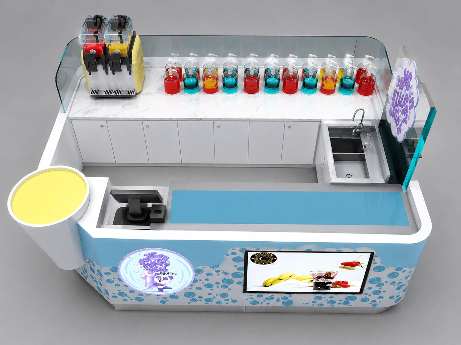 Blue bubble tea kiosk frozen yogurt ice cream booth lovely drink kiosk for sales — elevated layout view