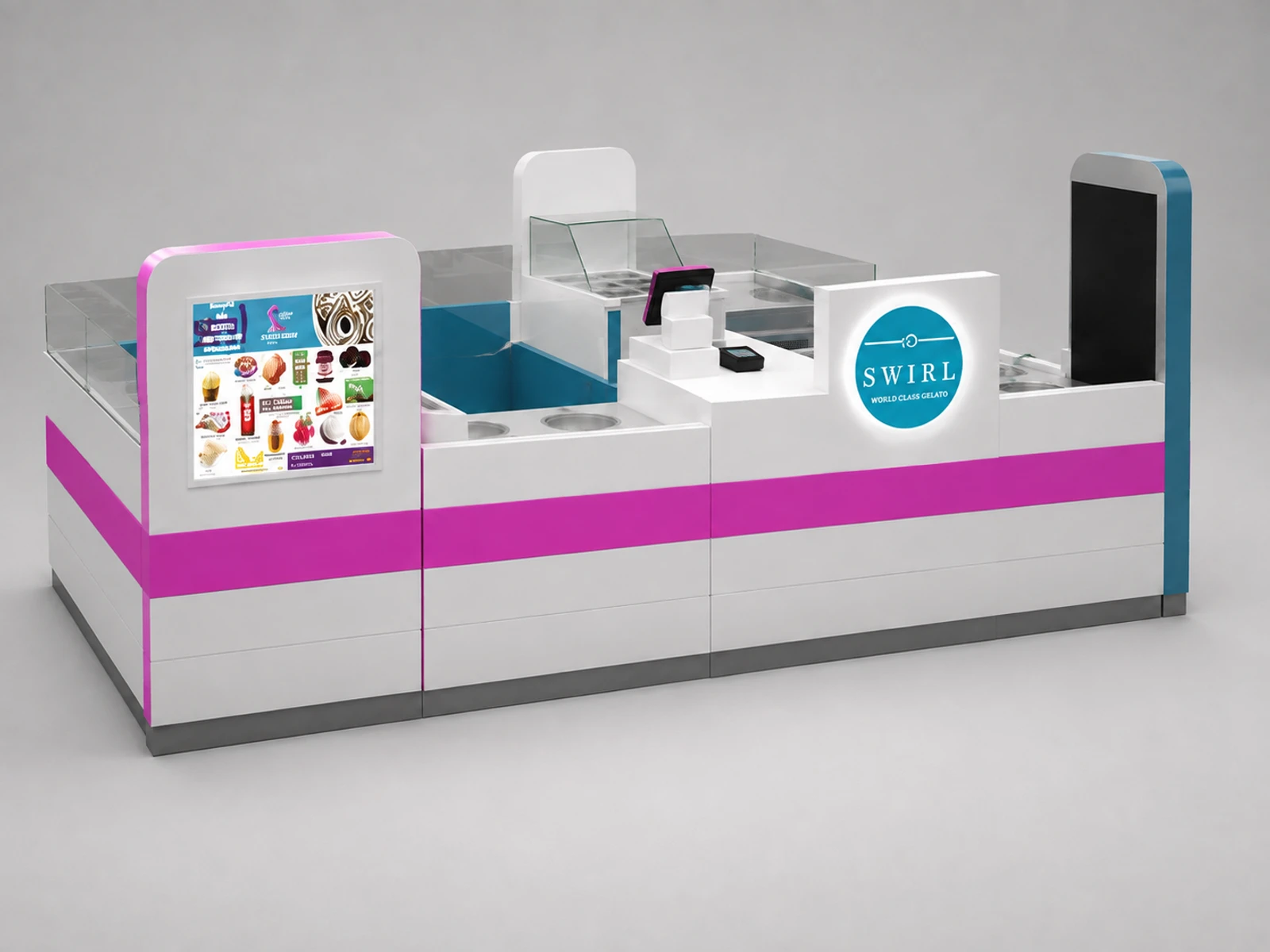 Bright ice cream kiosk portable food mall booth stand with sofa for sale — alternate counter perspective