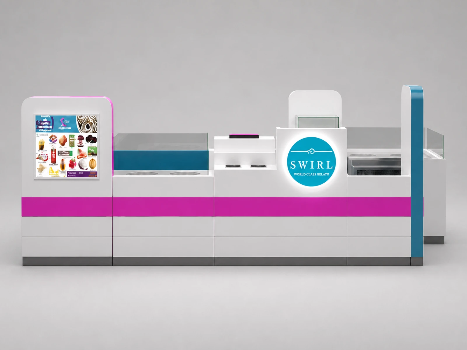 Bright ice cream kiosk portable food mall booth stand with sofa for sale — additional service-side perspective