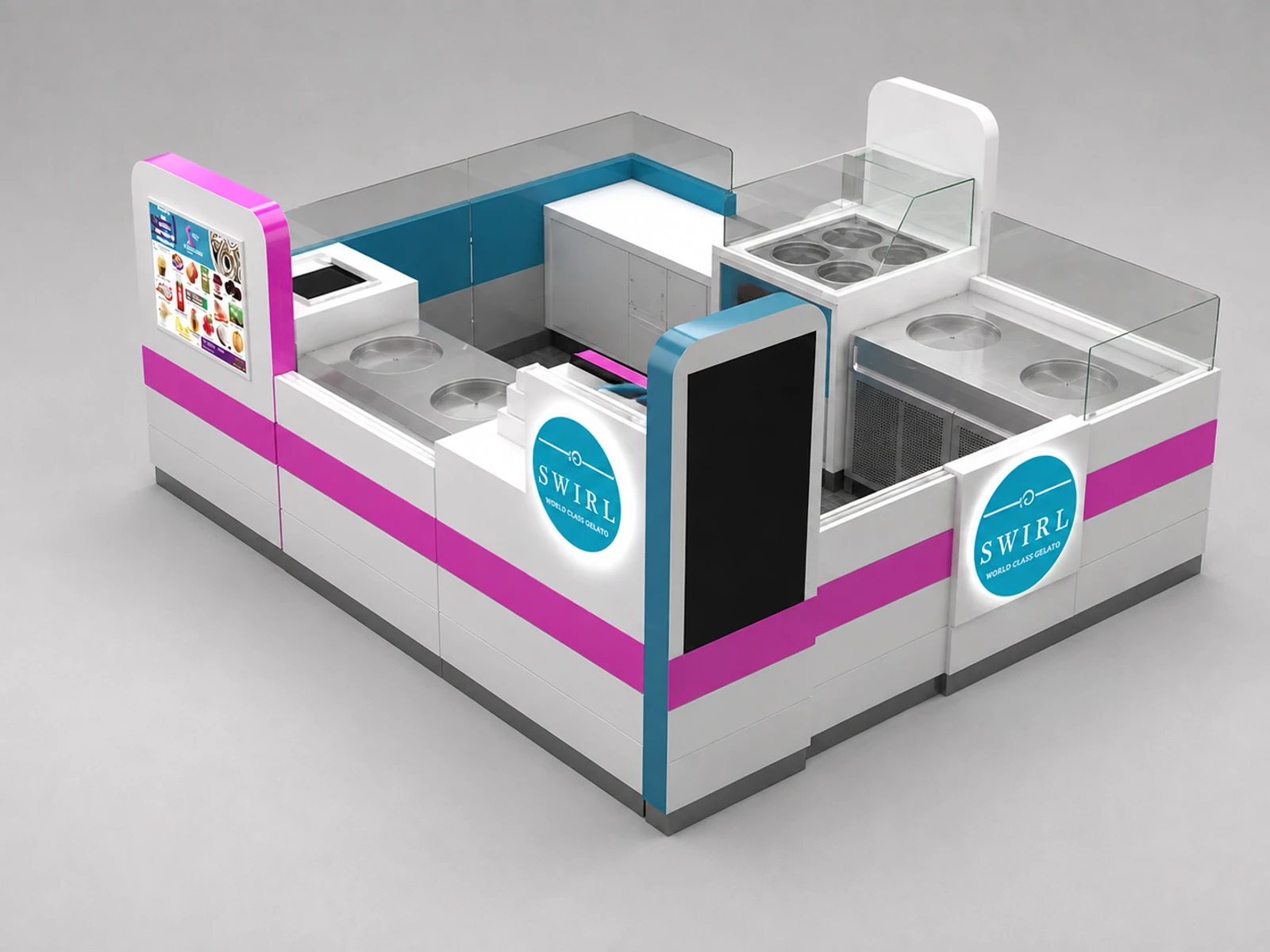 Bright ice cream kiosk portable food mall booth stand with sofa for sale — elevated layout view