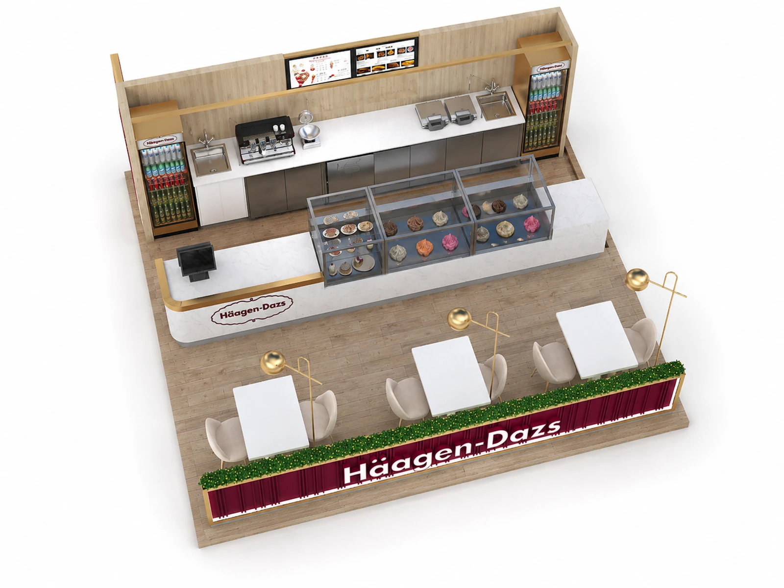 Charming Ice Cream Kiosk Design Stylish Coffee Booth DEsign for Mall on Sale — elevated layout view