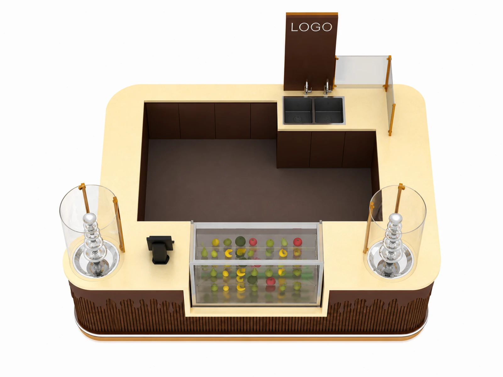 Chocolate Drip Design Ice Cream Kiosk Customized Food Kiosk for Sale — elevated layout view