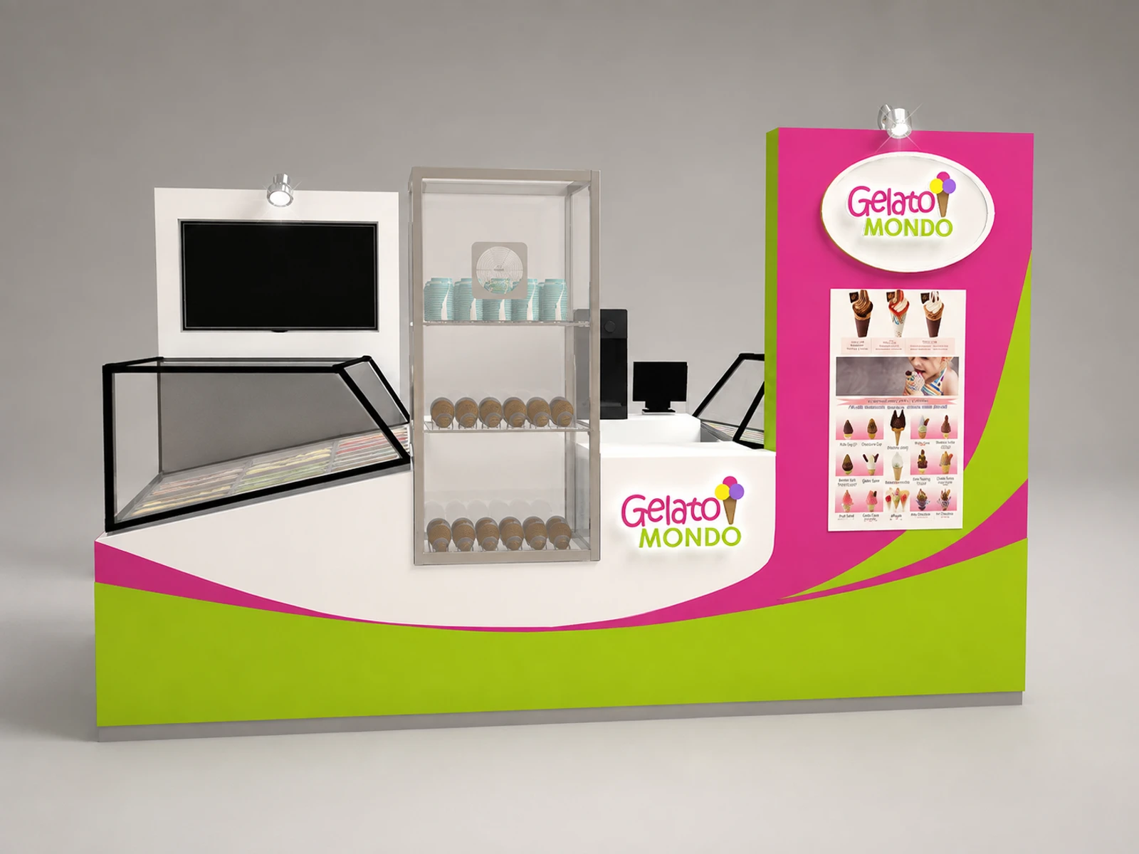 Colorful Gelato Food Kiosk Mall Inside Ice Cream Bar Retail Ice Cream Ball Kiosk — overall kiosk design
