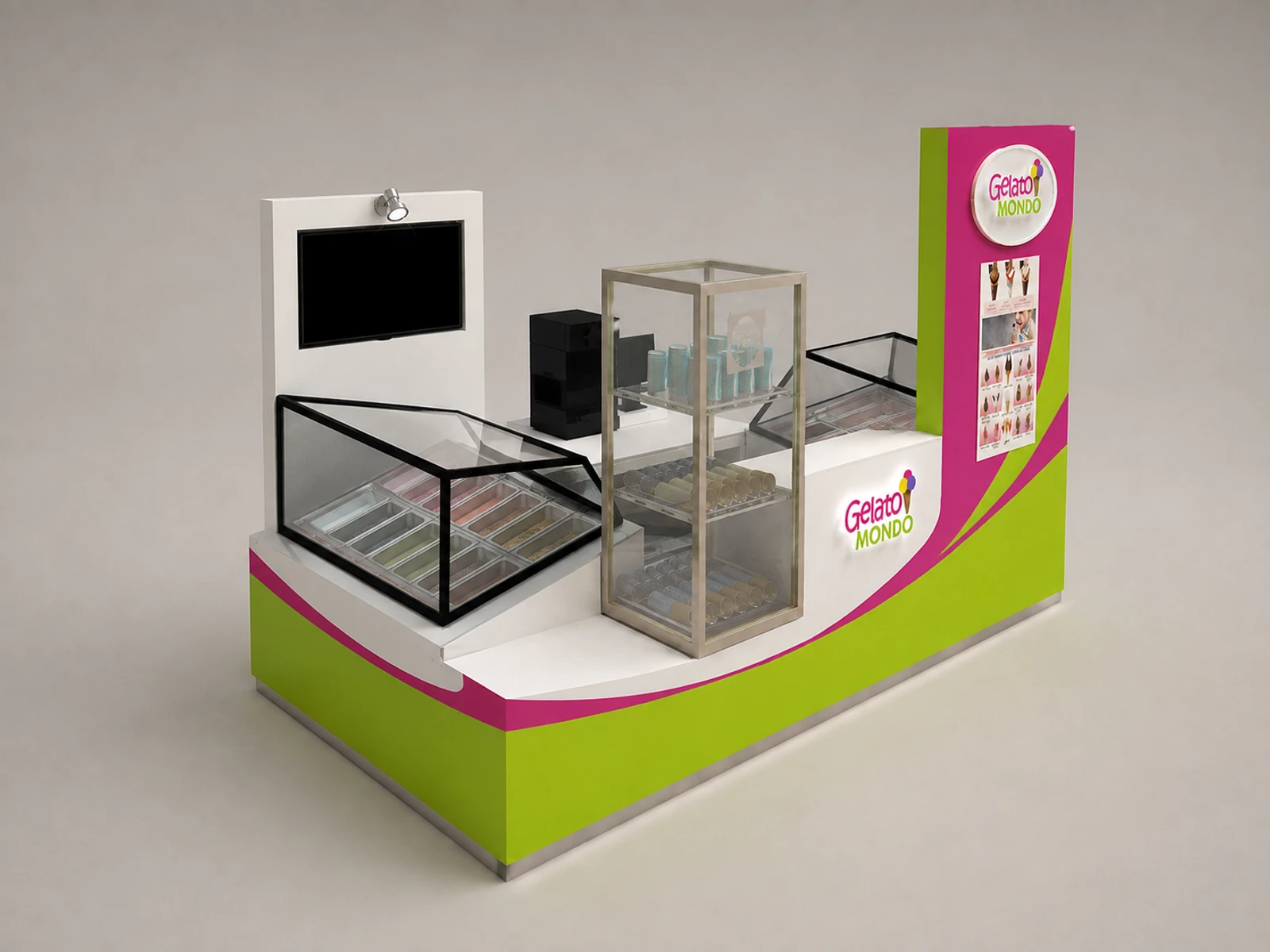 Colorful Gelato Food Kiosk Mall Inside Ice Cream Bar Retail Ice Cream Ball Kiosk — alternate counter perspective