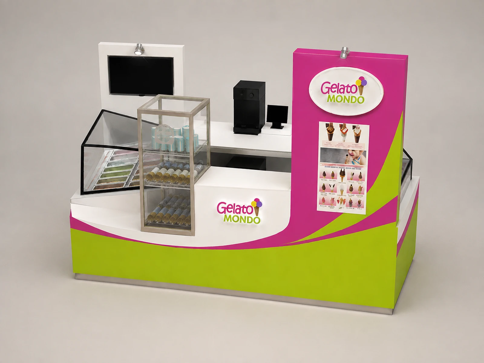 Colorful Gelato Food Kiosk Mall Inside Ice Cream Bar Retail Ice Cream Ball Kiosk — additional service-side perspective