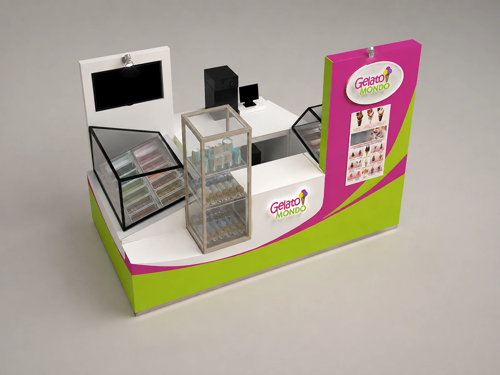 Colorful Gelato Food Kiosk Mall Inside Ice Cream Bar Retail Ice Cream Ball Kiosk — elevated layout view