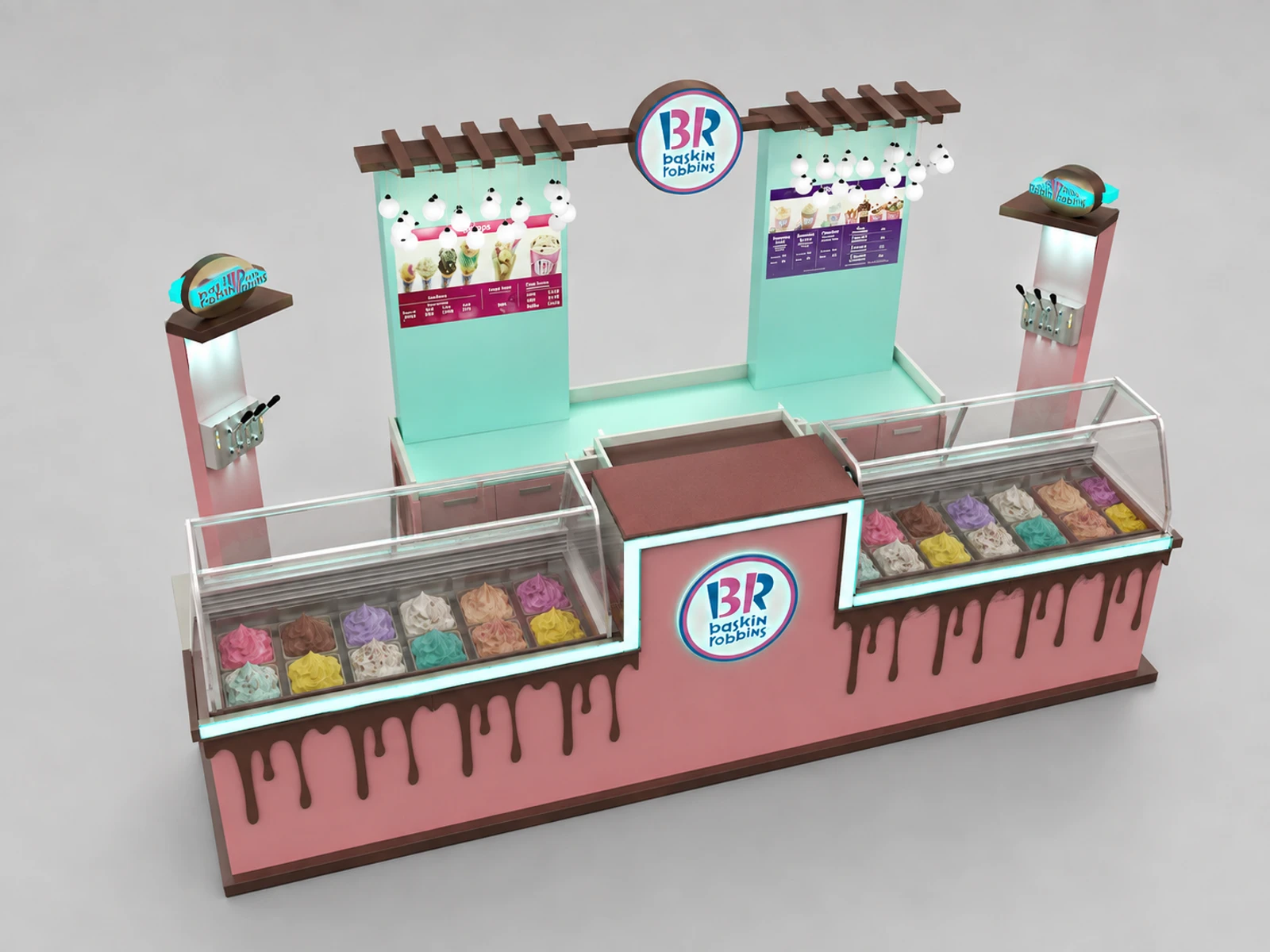 Colorful Ice Cream Kiosk 3D Design Mall Center Gelato Counter Shop Ice Cream Booth — elevated layout view