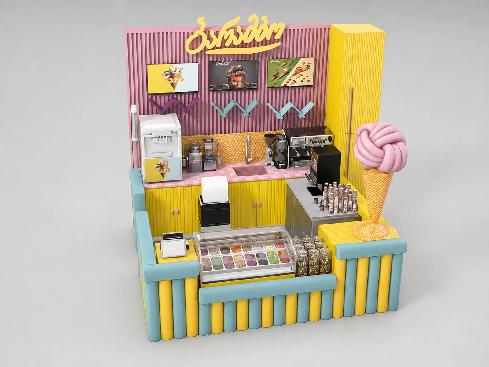 Colorful Ice Cream Food Kiosk Mall Inside Ice Cream Bar Center Gelato Counter — overall kiosk design