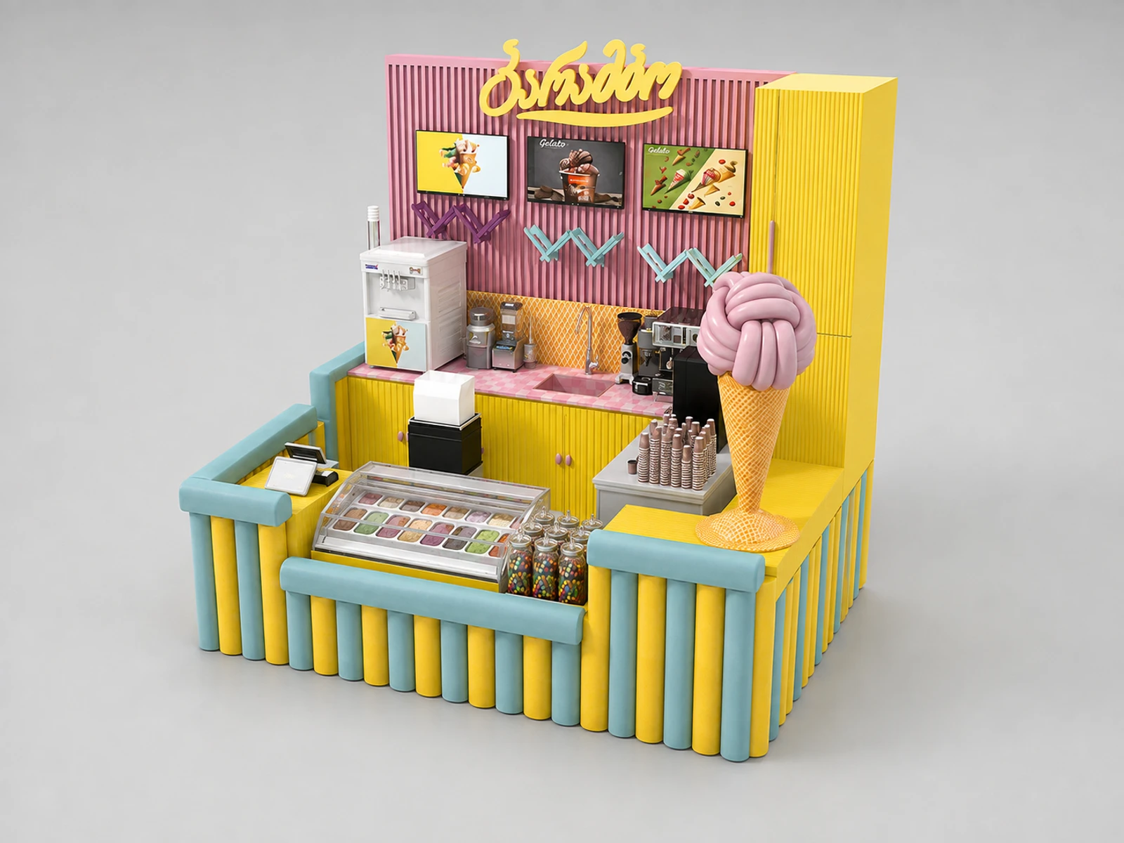 Colorful Ice Cream Food Kiosk Mall Inside Ice Cream Bar Center Gelato Counter — alternate counter perspective