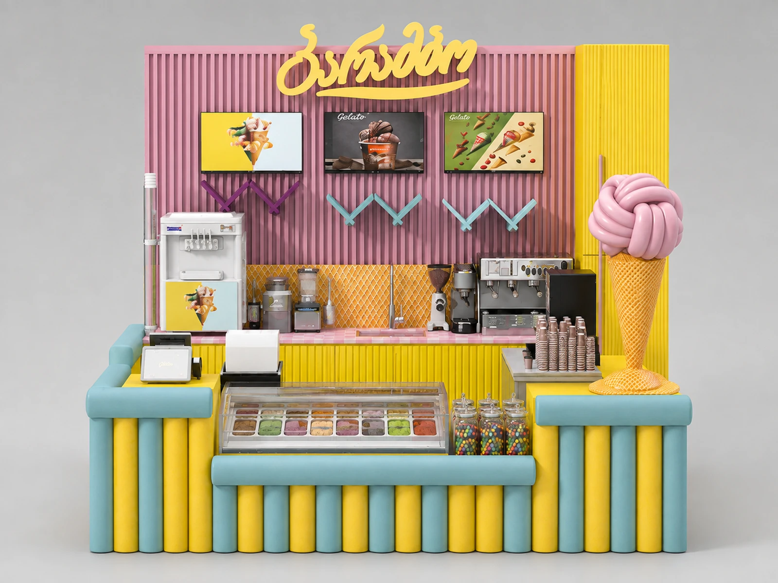 Colorful Ice Cream Food Kiosk Mall Inside Ice Cream Bar Center Gelato Counter — additional service-side perspective