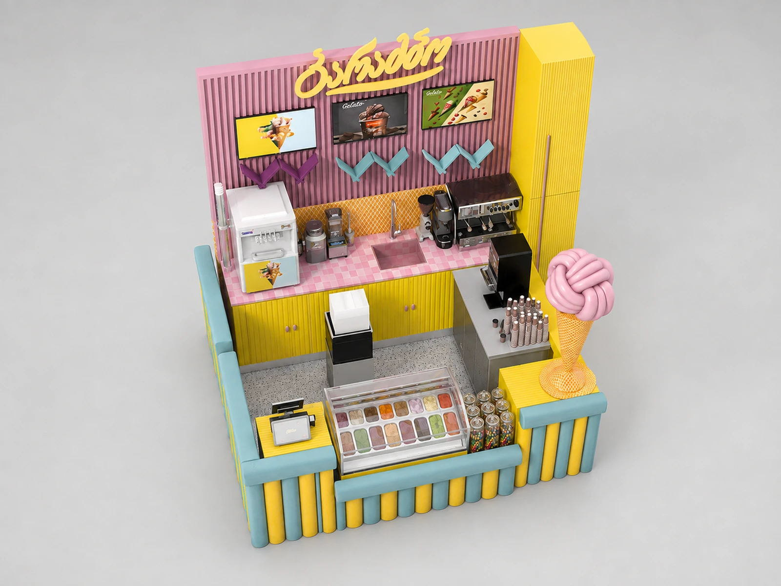 Colorful Ice Cream Food Kiosk Mall Inside Ice Cream Bar Center Gelato Counter — elevated layout view