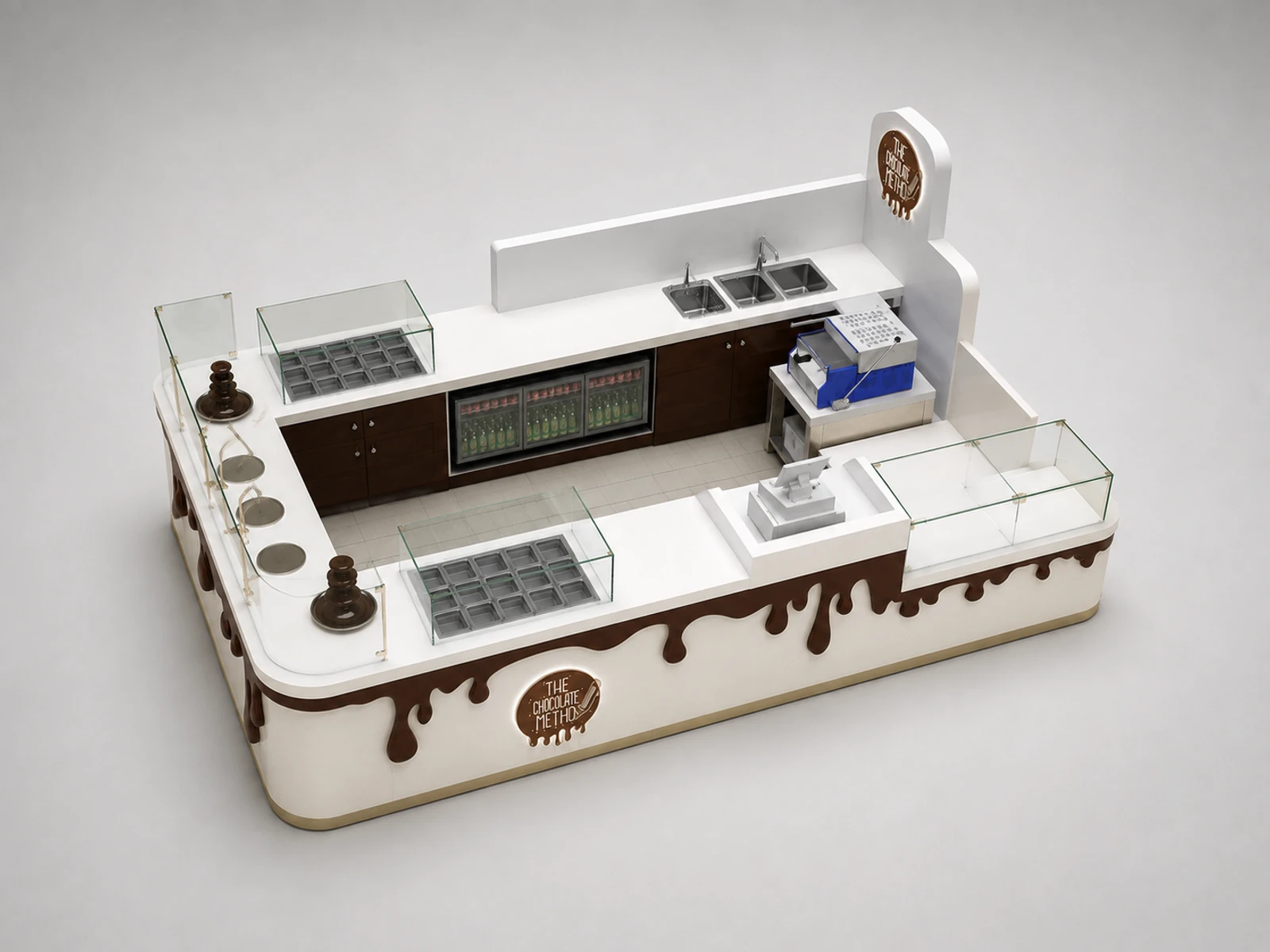 Creative chocolate ice cream kiosk frozen yogurt booth used in Australia — elevated layout view