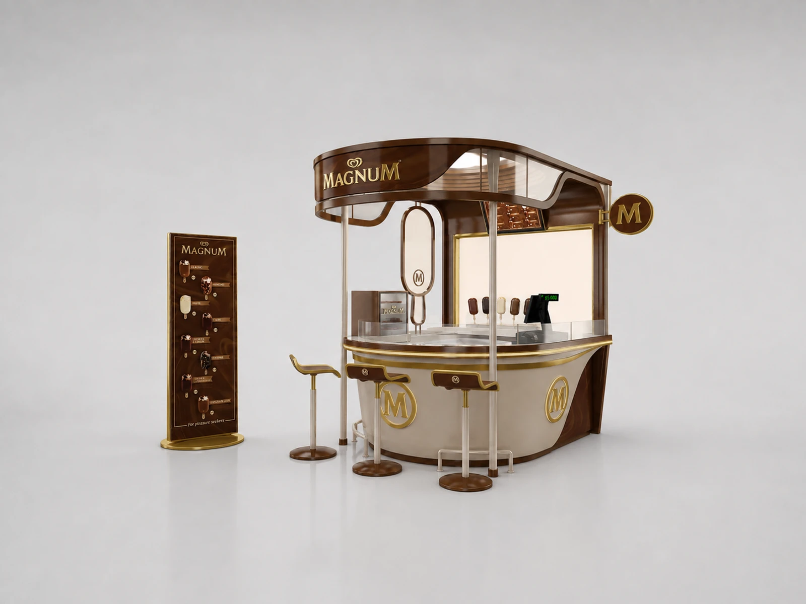 Creative fluid chocolate display bar ice cream kiosk Chocolate shop counter for sale — overall kiosk design