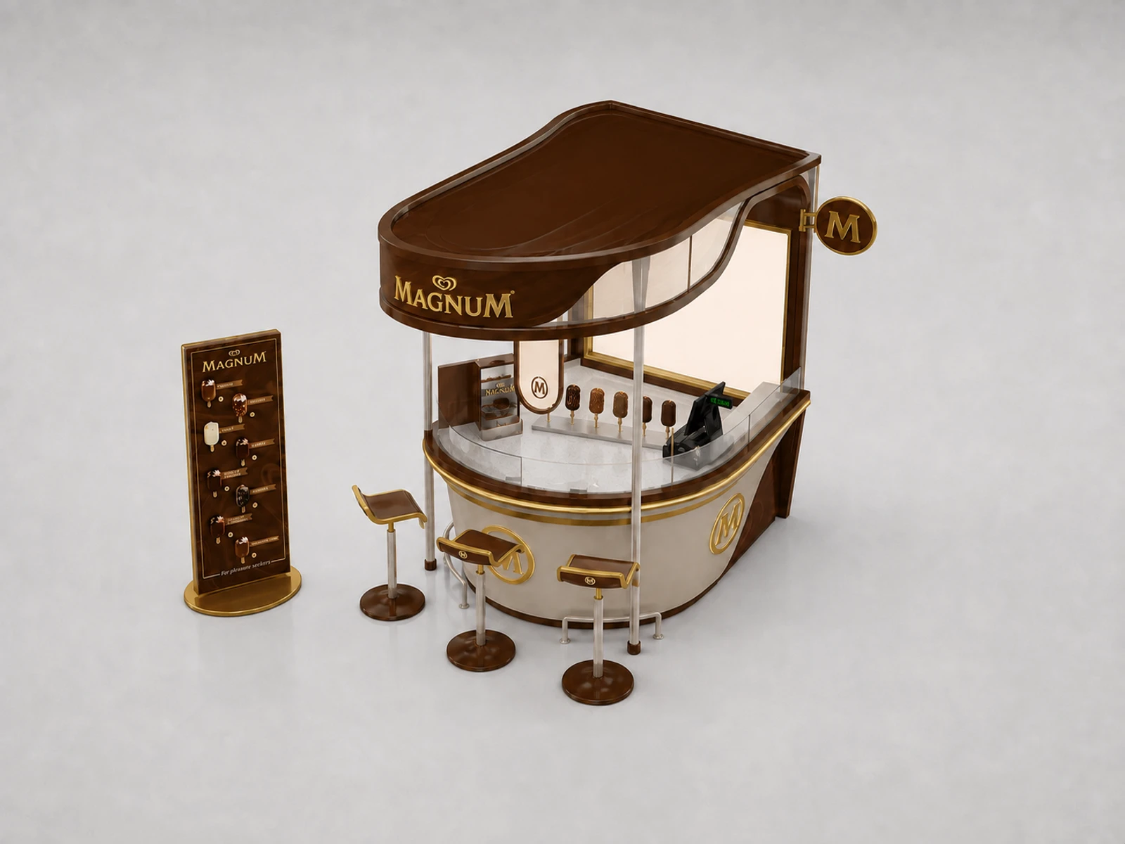 Creative fluid chocolate display bar ice cream kiosk Chocolate shop counter for sale — elevated layout view