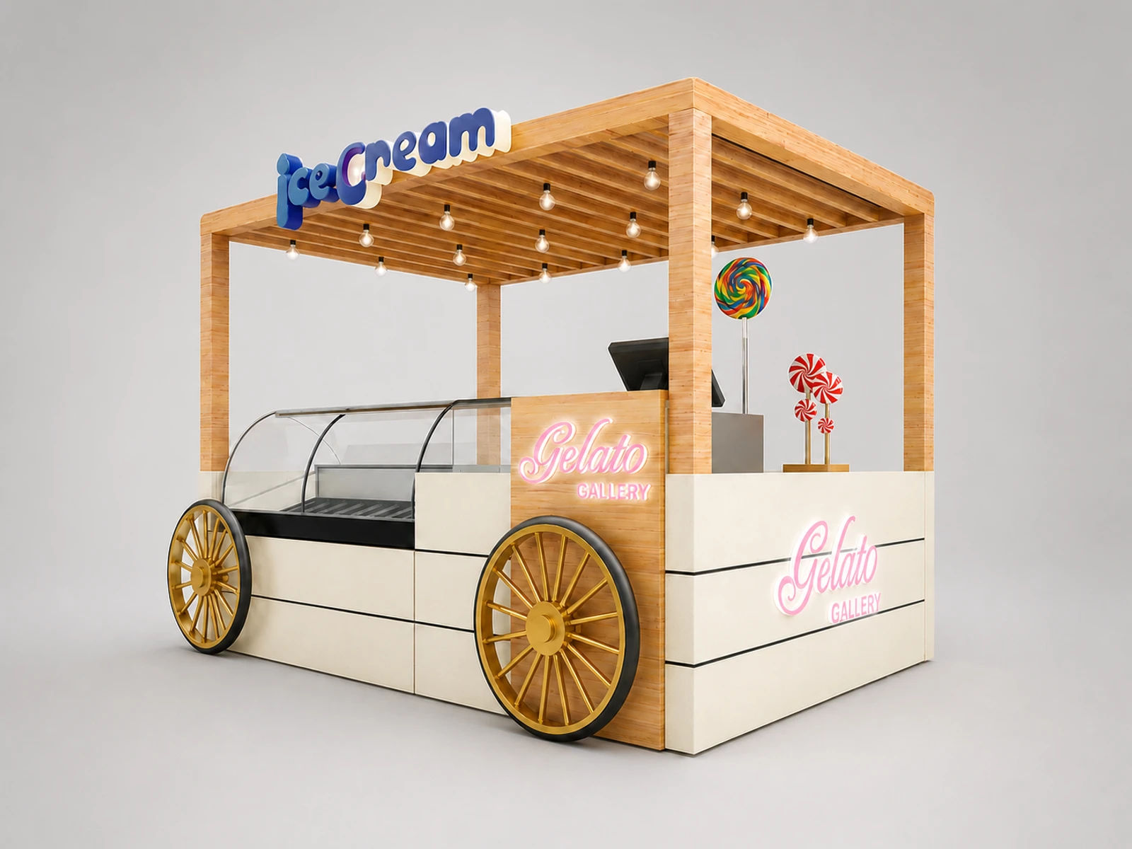 Creative ice cream kiosk custom Frozen yogurt cart design with wheels decor outdoor kiosk for sale — overall kiosk design