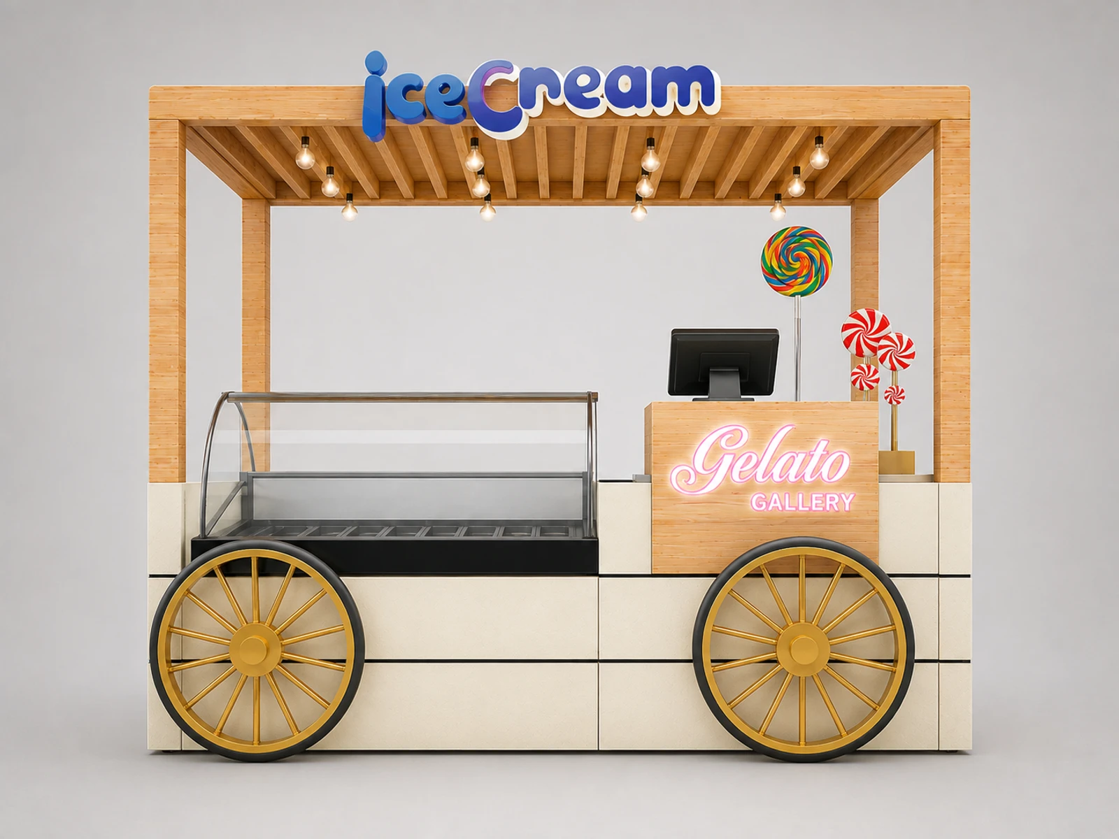 Creative ice cream kiosk custom Frozen yogurt cart design with wheels decor outdoor kiosk for sale — additional service-side perspective