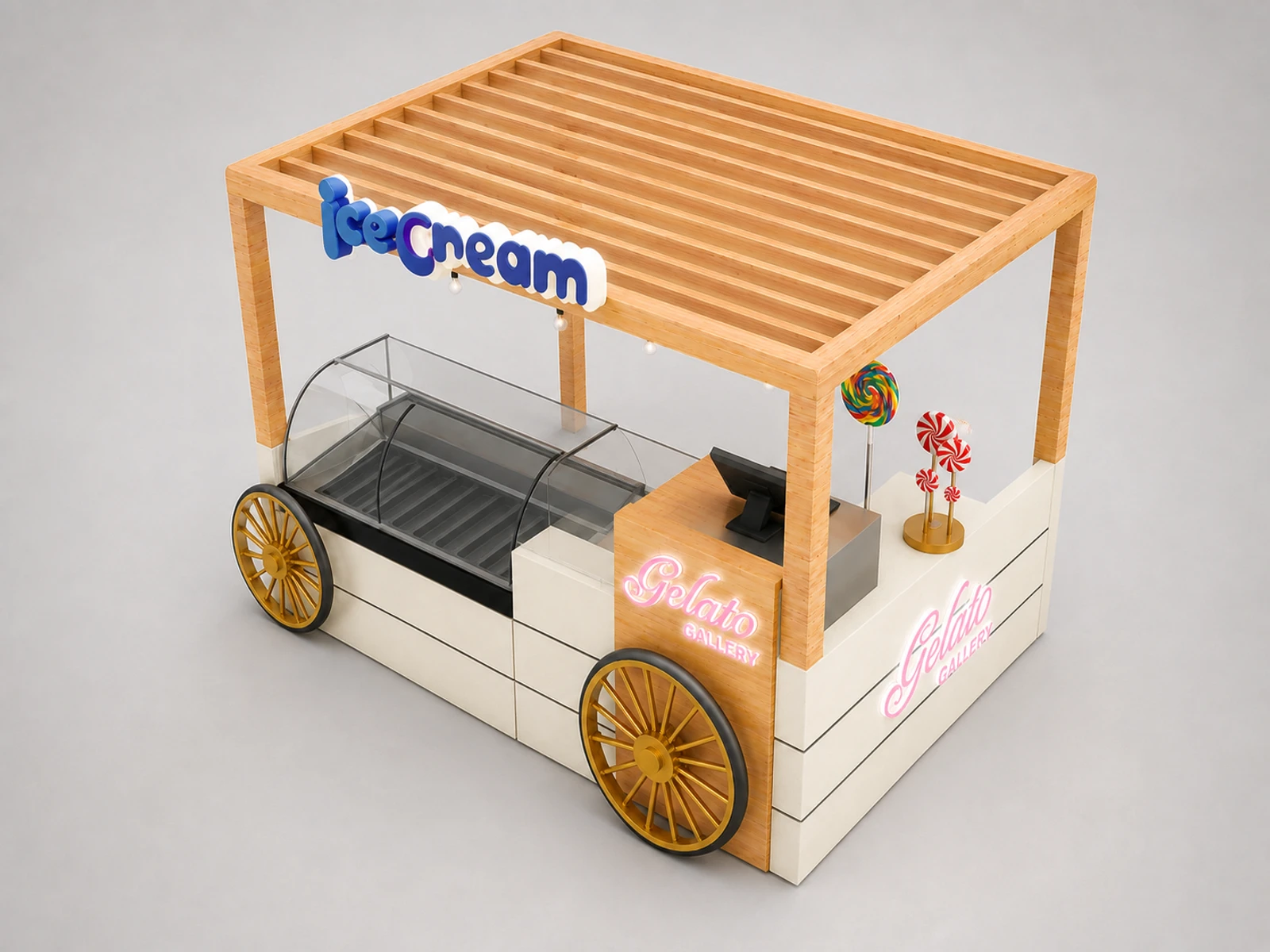Creative ice cream kiosk custom Frozen yogurt cart design with wheels decor outdoor kiosk for sale — elevated layout view