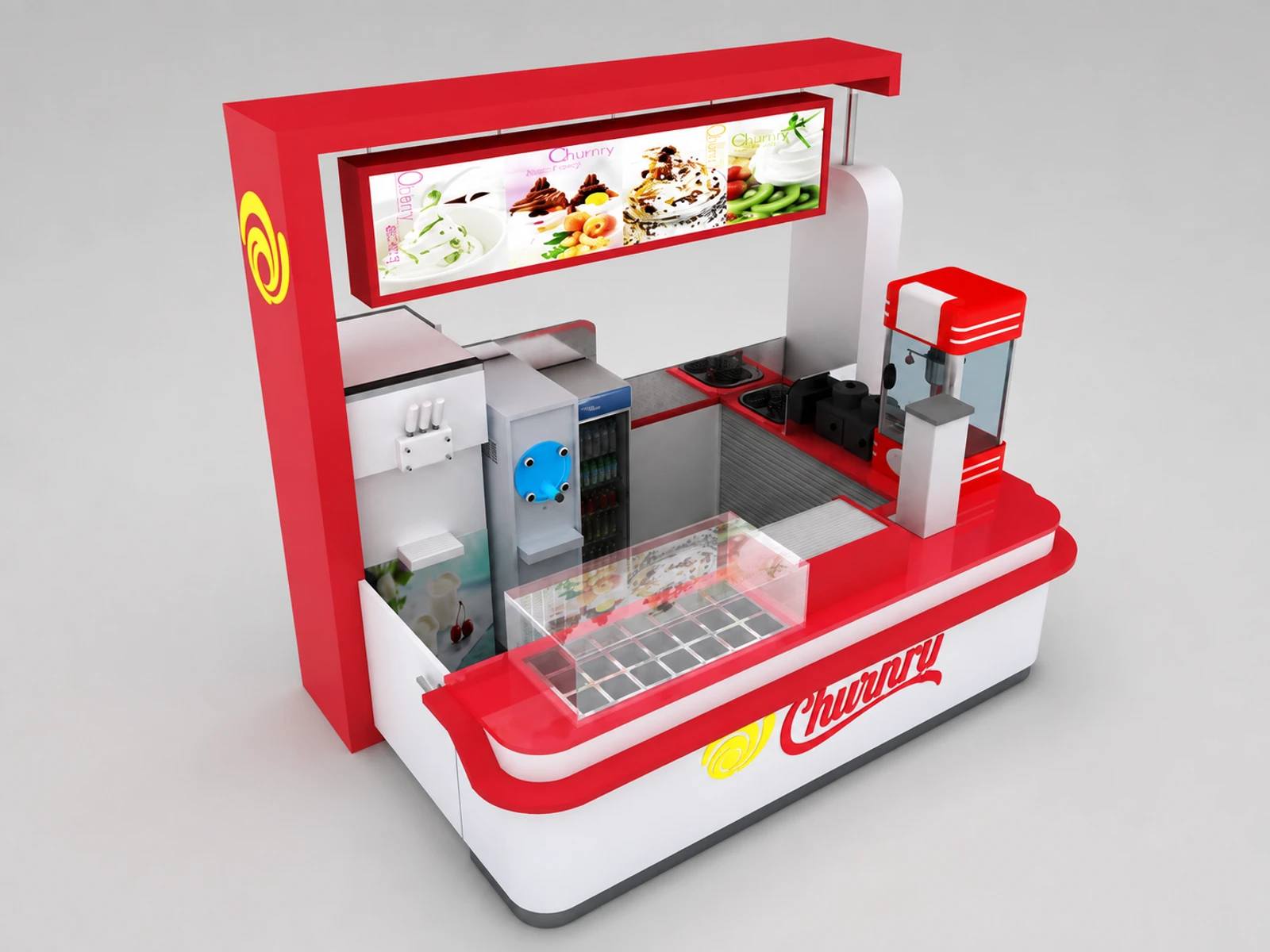 Creative ice cream kiosk gelato display booth with frozen yogurt bar — overall kiosk design
