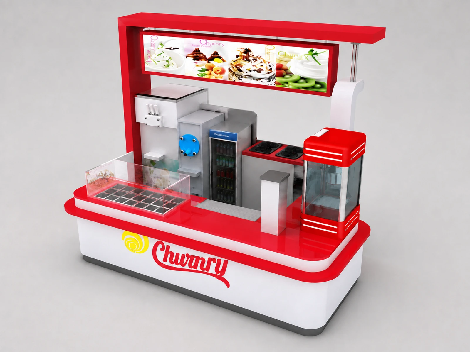 Creative ice cream kiosk gelato display booth with frozen yogurt bar — alternate counter perspective