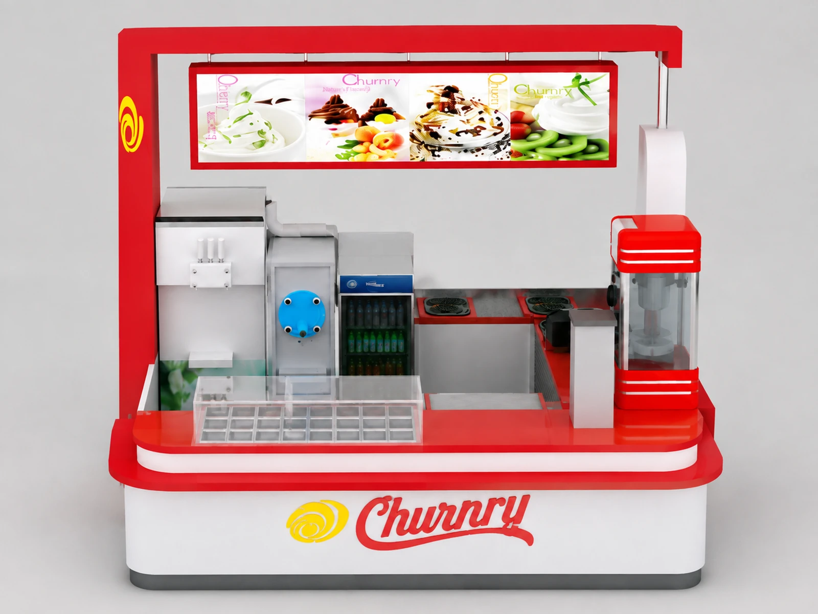 Creative ice cream kiosk gelato display booth with frozen yogurt bar — additional service-side perspective