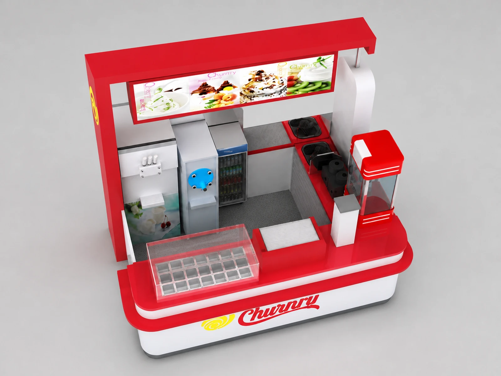 Creative ice cream kiosk gelato display booth with frozen yogurt bar — elevated layout view