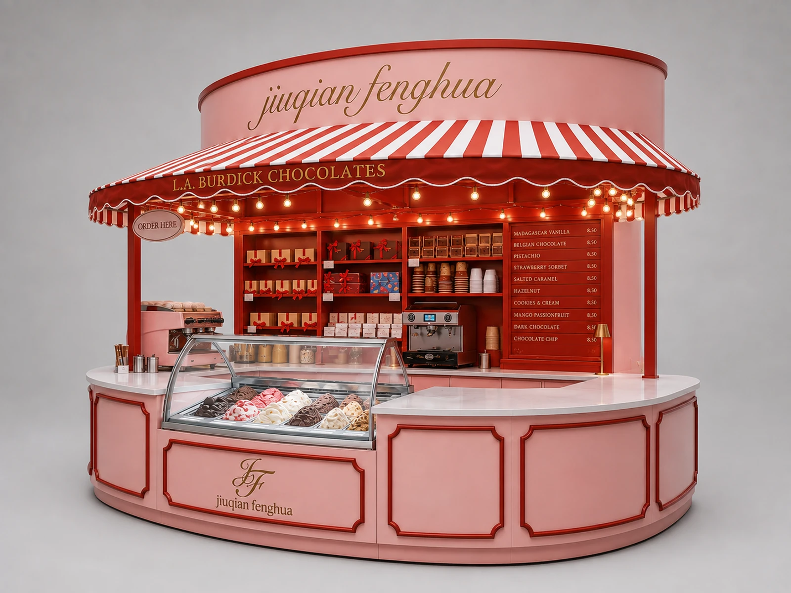 Curved Vintage Gelato & Chocolate Mall Kiosk | Bespoke Retail Concession Stand — overall kiosk design