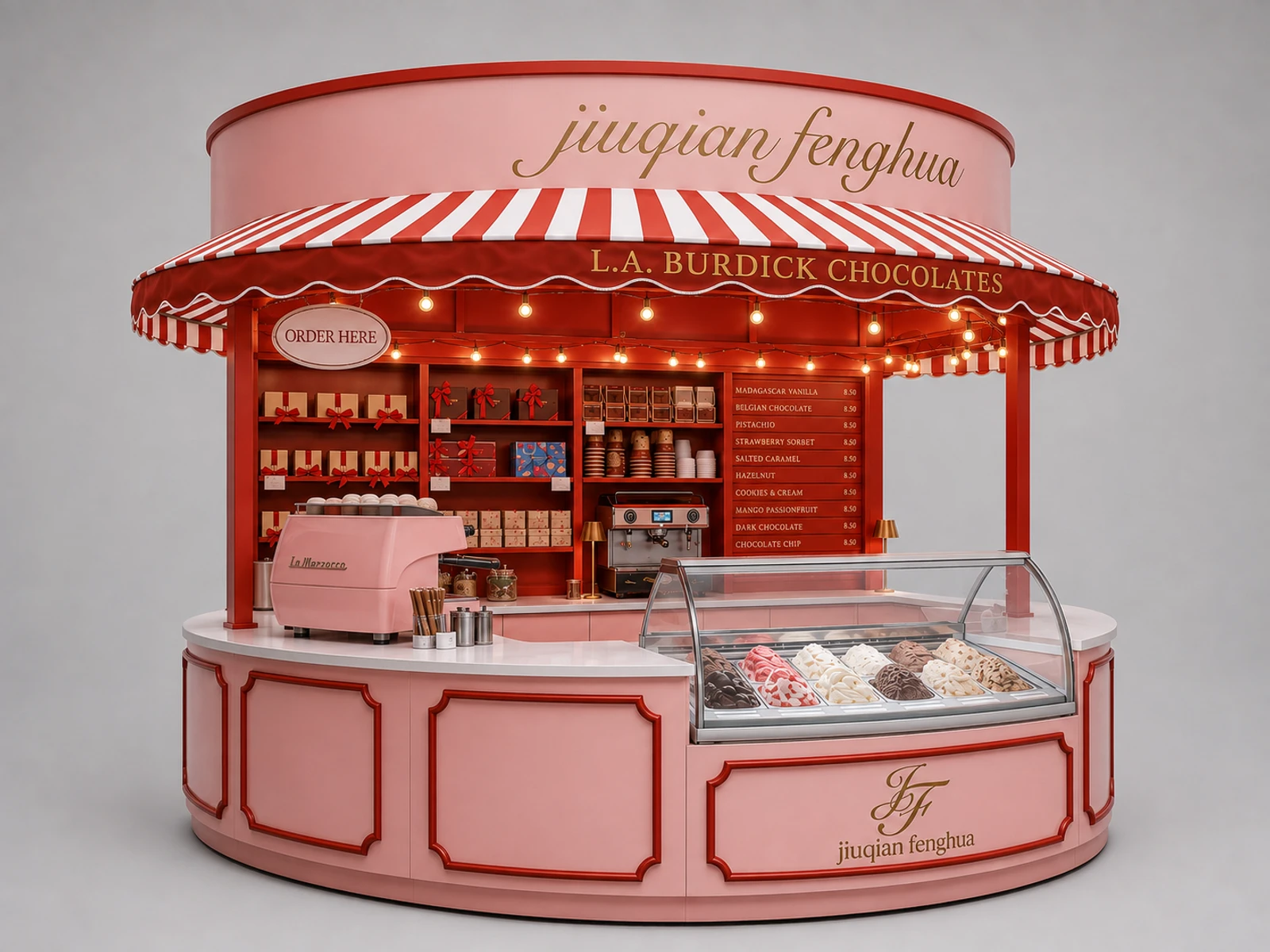 Curved Vintage Gelato & Chocolate Mall Kiosk | Bespoke Retail Concession Stand — alternate counter perspective