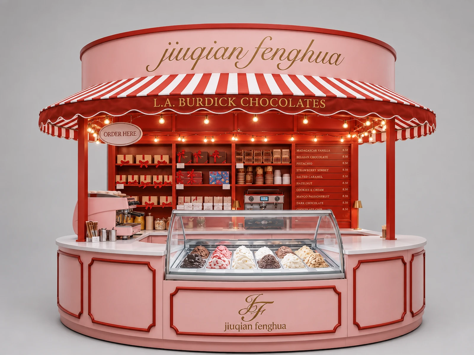 Curved Vintage Gelato & Chocolate Mall Kiosk | Bespoke Retail Concession Stand — additional service-side perspective