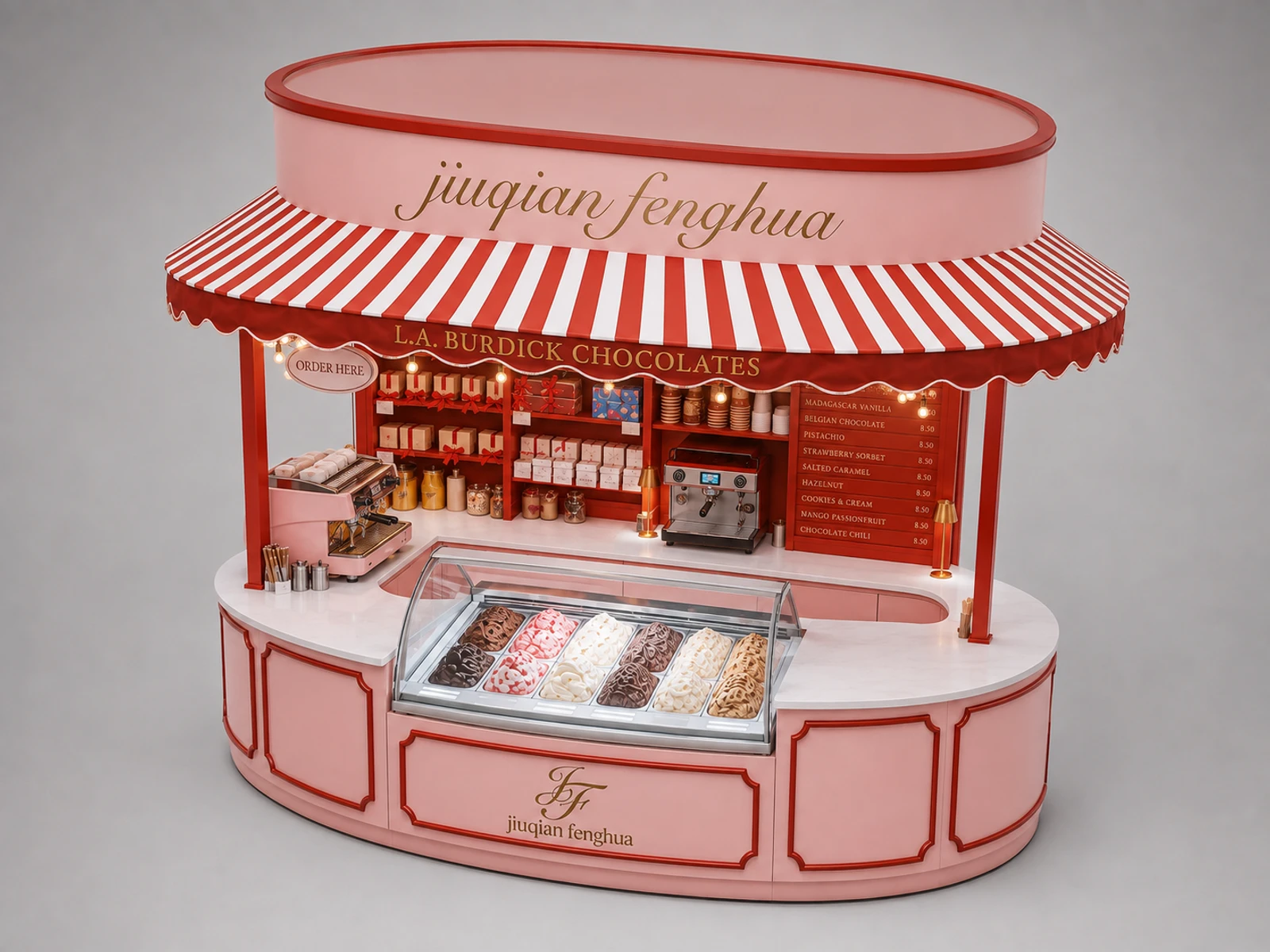 Curved Vintage Gelato & Chocolate Mall Kiosk | Bespoke Retail Concession Stand — elevated layout view