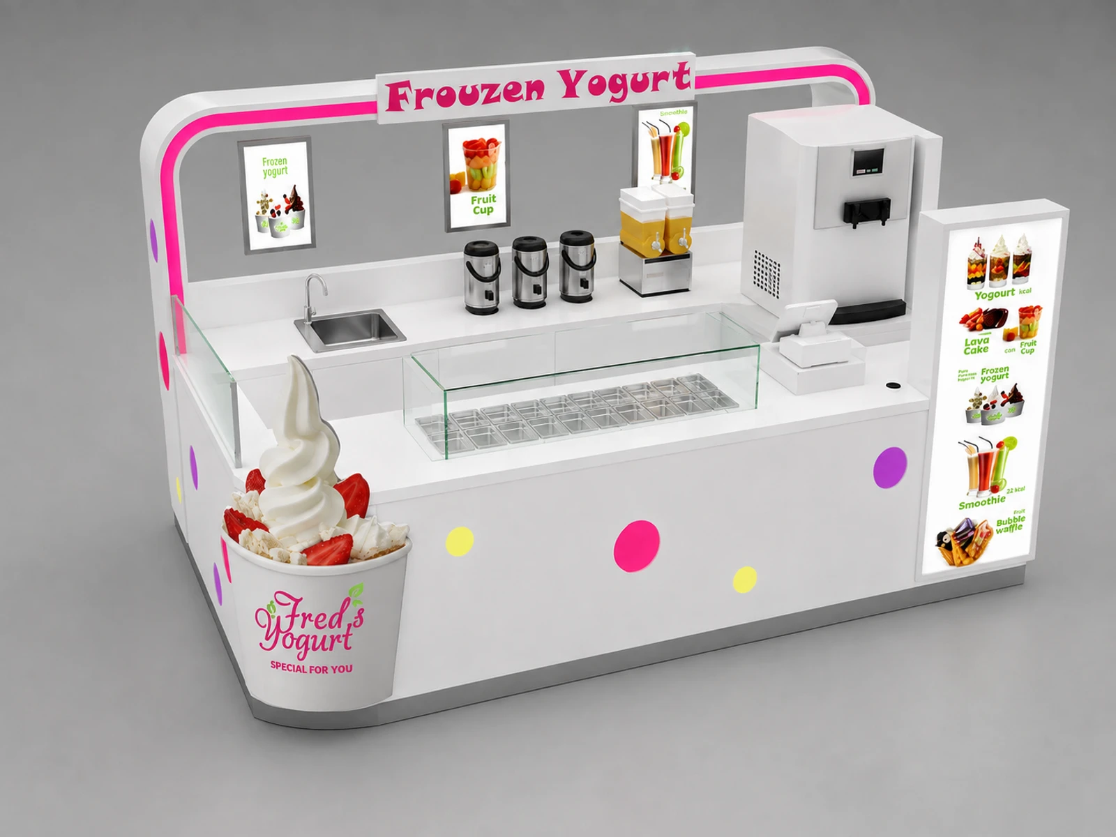 Custom Ice Cream Kiosk Counter | Brand New Design Yogurt Stand To Romania — elevated layout view