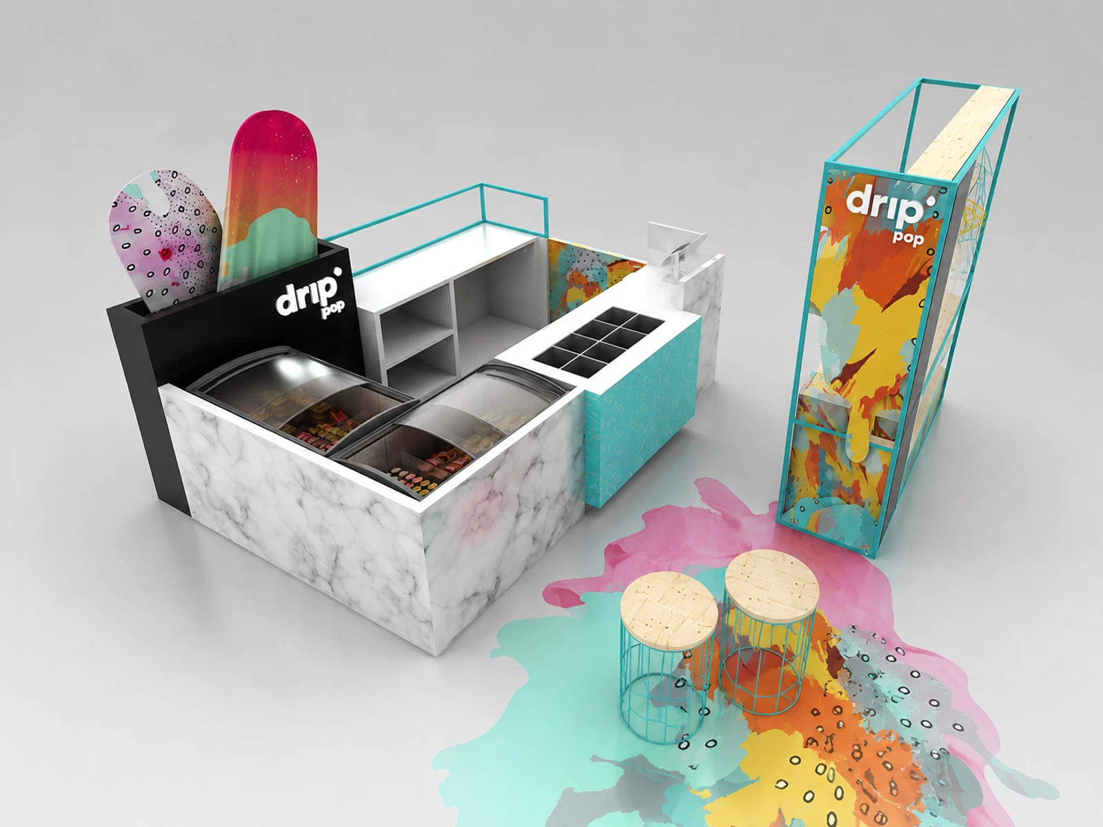 Custom Ice Cream Kiosk & Ice Cream Counter Food Booth in Mall Center for Sale — overall kiosk design