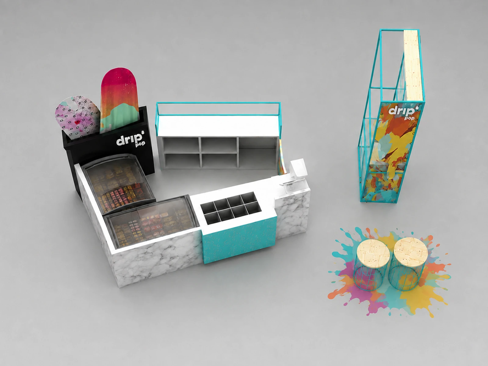 Custom Ice Cream Kiosk & Ice Cream Counter Food Booth in Mall Center for Sale — elevated layout view