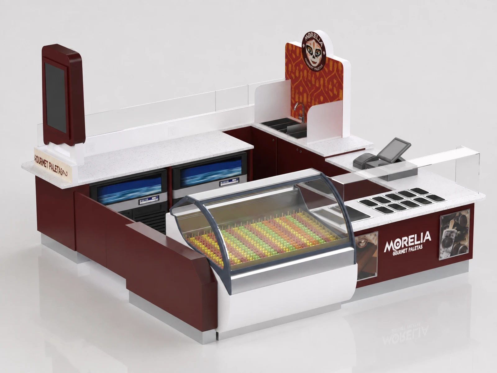 Custom Ice Lolly Kiosk Mall Food Summer Ice Lolly Bar Counter Panda Cute Popsicle Display — overall kiosk design