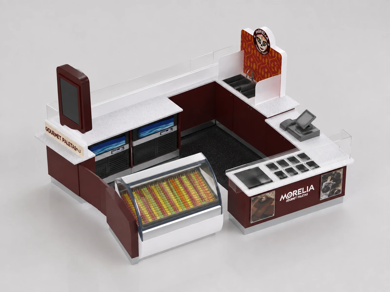 Custom Ice Lolly Kiosk Mall Food Summer Ice Lolly Bar Counter Panda Cute Popsicle Display — elevated layout view