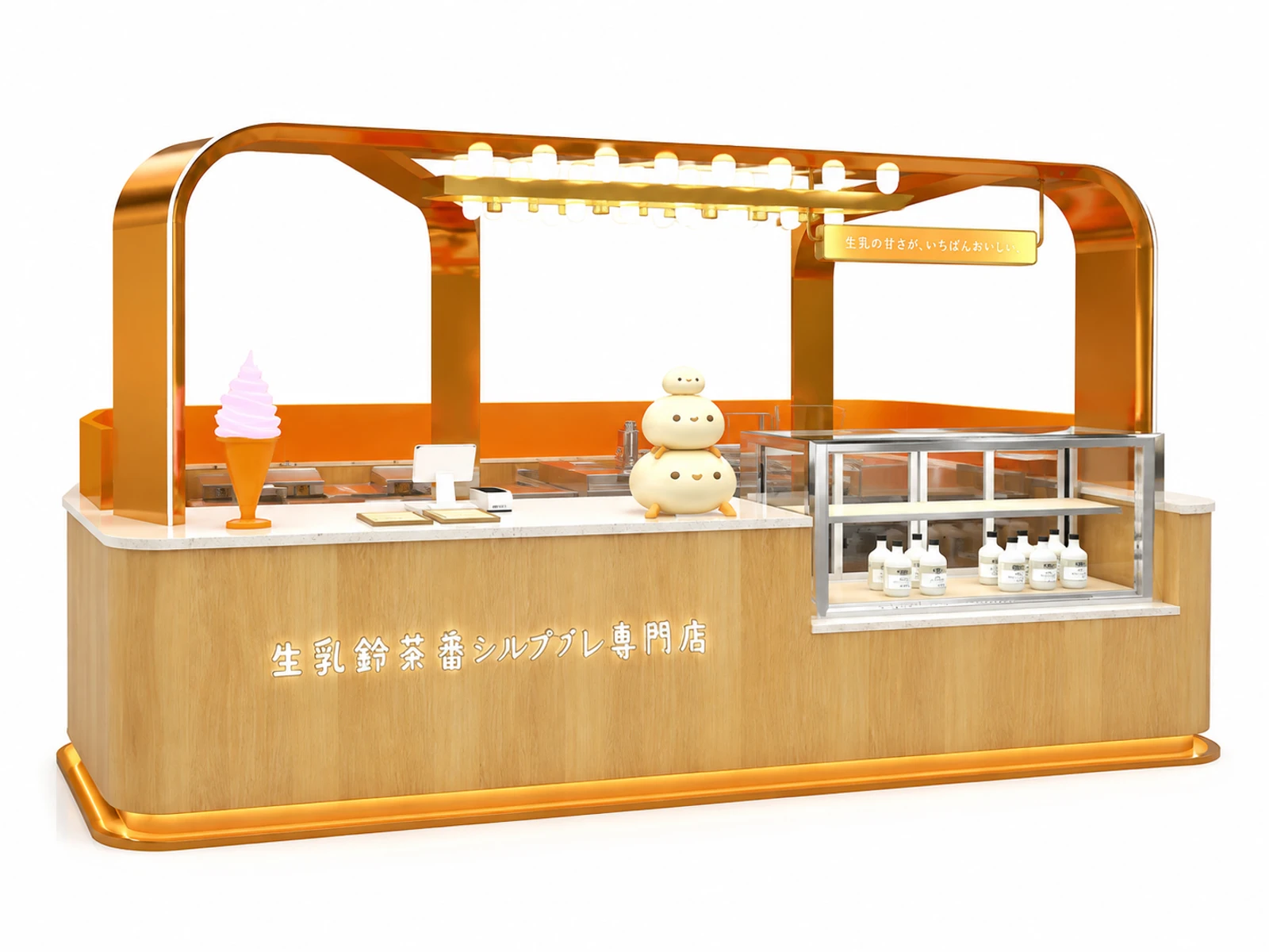 Custom Mall Kiosk Japanese Souffle Ice Cream Dessert Food Booth Wooden Milk Cream Cake Display Stand Shopping Mall Food Kiosk — overall kiosk design