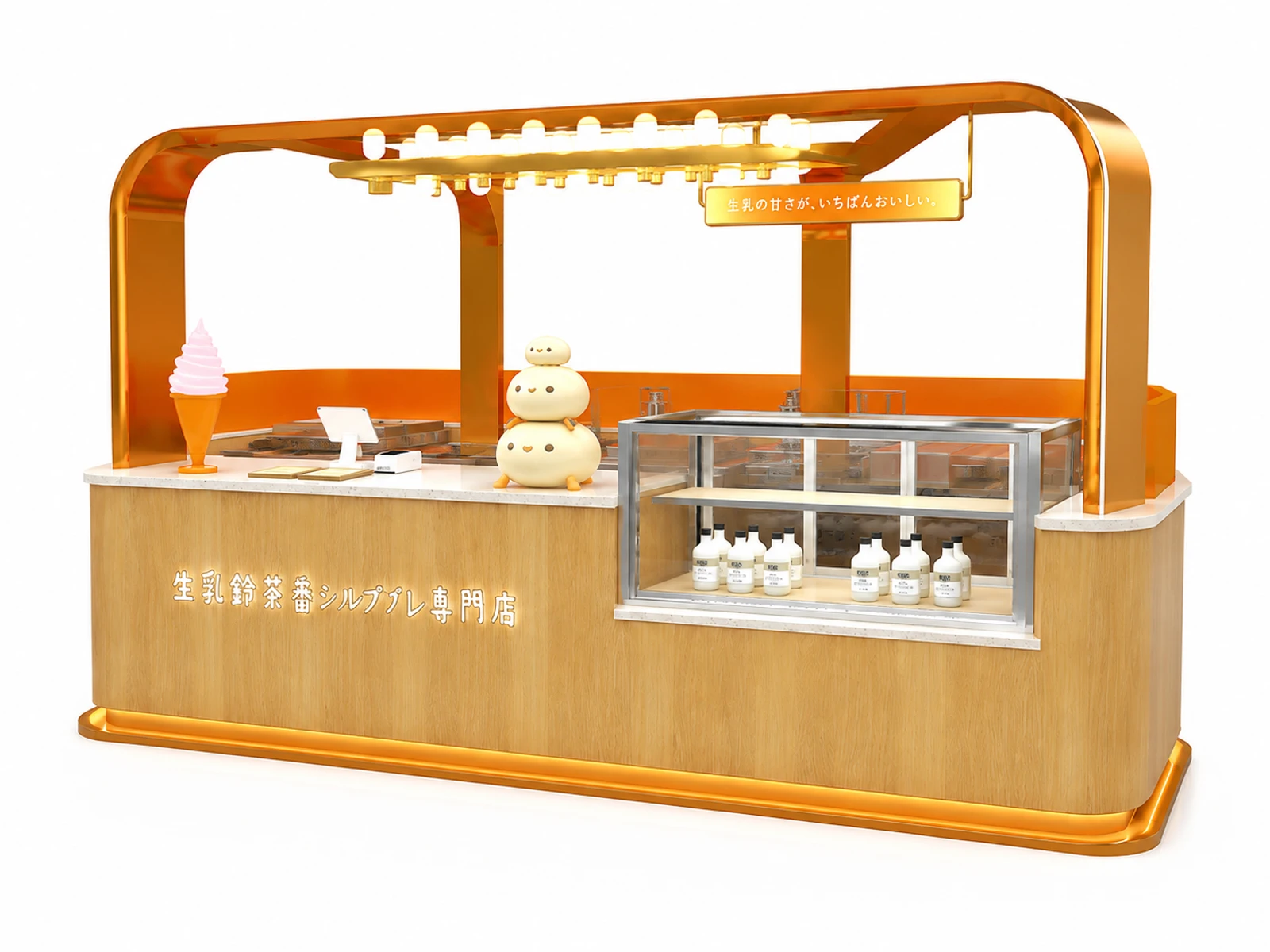 Custom Mall Kiosk Japanese Souffle Ice Cream Dessert Food Booth Wooden Milk Cream Cake Display Stand Shopping Mall Food Kiosk — alternate counter perspective